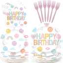 96Pcs Rainbow Birthday Party decorations Smile Face Rainbow Plates and Napkins Pastel Theme Disposable Paper Tableware Set for Colorful Kids Birthday Baby Shower Party Supplies Serves 24