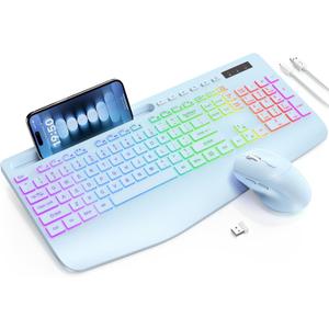 Wireless Keyboard and Mouse Combo, 9 Backlit Effects, Wrist Rest, Phone Holder, 2.4G Lag-Free Ergonomic Keyboards, Rechargeable Silent Cordless Set for Computer, Laptop, Mac, Windows -SABLUTEBlue