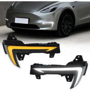 LED Daytime Running Lights (DRL) for 2021-2023 Tesla Model Y with Dynamic Amber Turn Signals + 6500K White DRL | Plug & Play Direct Fit | Startup Animation | IP67 Waterproof (1 Pair)