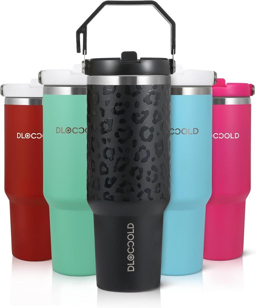 DLOCCOLD 40oz Flip Straw Tumbler with Handle, Insulated Stainless Steel LeakProof Water Bottle, Reusable Tumbler Fits Cup Holders (Black Leopard)