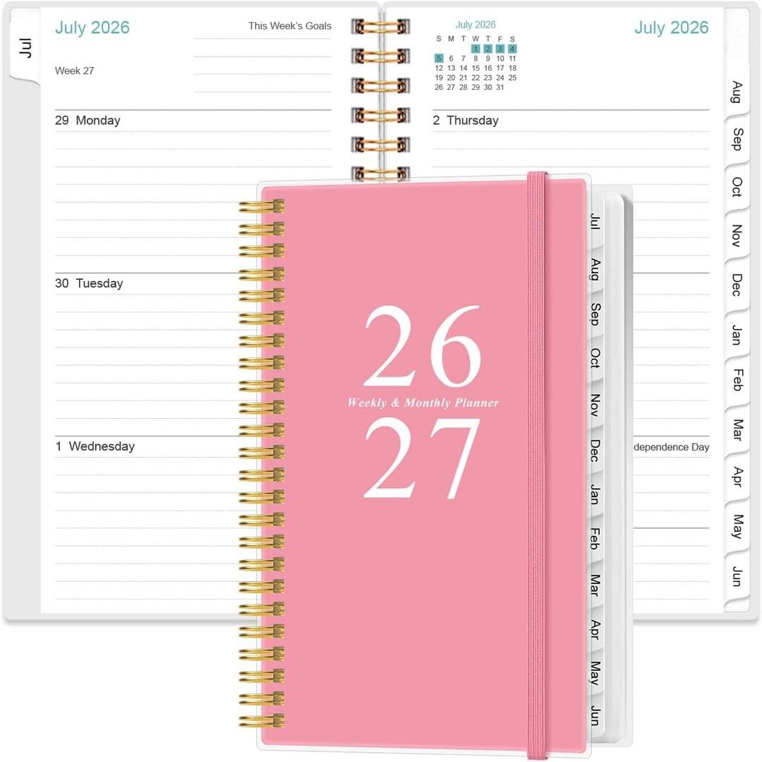 2026-2027 Pocket Planner/Calendar - 2026-2027 Planner from July 2026 - June 2027, Planner 2026 with 12 Tabs, Twin-Wire Binding, Inner Pocket, 3.75" x 6.75", Pink