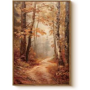 Autumn Forest Framed Canvas Wall Art 16x24 Trees Leaves Trail Artwork, Woodland Path in Fall Colors Landscape Print, Rustic Nature Forest Painting Farmhouse Bedroom Entryway Home Decor