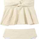 OYOANGLE Girl's 2 Piece Textured Tankini Swimsuit Twist Front Ruched Ruffle Bikini Set Bathing Suits Beige 12Y