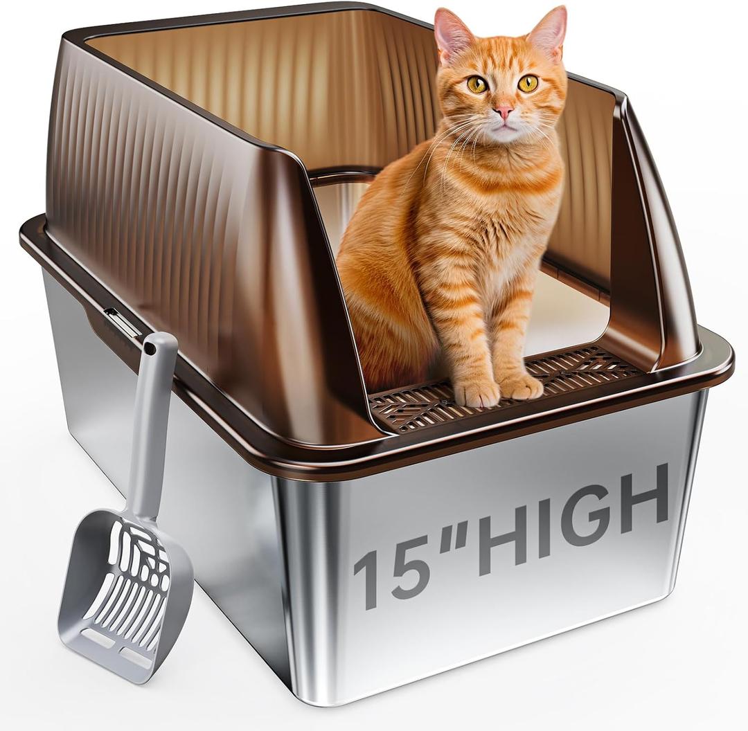 Tripamin 15 XL Stainless Steel Cat Litter Box Enclosure, XXL Stainless Steel High Sides with Lid, Extra Large Metal Cat Litter Box, Anti Leakage, Non-Sticky, Easy Cleaning, Includes Scoop (Translucent brown)