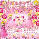 Pink Princess Birthday Party Supplies Decorations, Including Backdrop, Tablecloth, Birthday Banner, Hanging Swirls, Balloons, Cake Toppers for Cute Girls Party, Pack of 2 