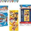 Paw Patrol Birthday Party Supplies Bundle includes 1 5ft Happy Birthday Banner, 1 Plastic Door Poster 27" x 60", 1 Dinosaur Sticker Sheet