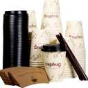 12 oz Disposable Coffee Cups with Lids, Sleeves and Straws 100Pack, Thickened Leak-Proof Insulated Paper Cups for Hot Drinks, Home, Office, Cafe, Party
