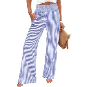 ANRABESS Womens Palazzo Pants, Striped & Gingham, Lounge & Casual, Cute Pajama Pants, Wide Leg, High Waisted, Pockets (White, M)