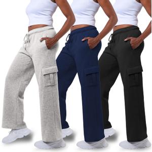 Common Stitch 3 Pack Sweatpants Women, Wide Leg Cargo Women's Sweatpants, Wide Leg Pants with Pockets (Small, Black / Navy / Lt. Heather Grey)