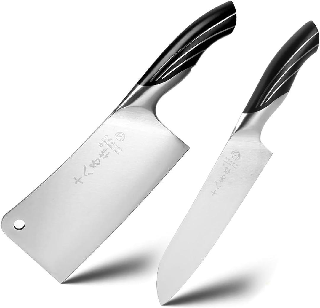 SHI BA ZI ZUO 2 Pieces Professional Kitchen Knife Set,Butcher Knife and Chef Knife Kitchen Knife Set for Cutting Bones,Vegetables and Meat