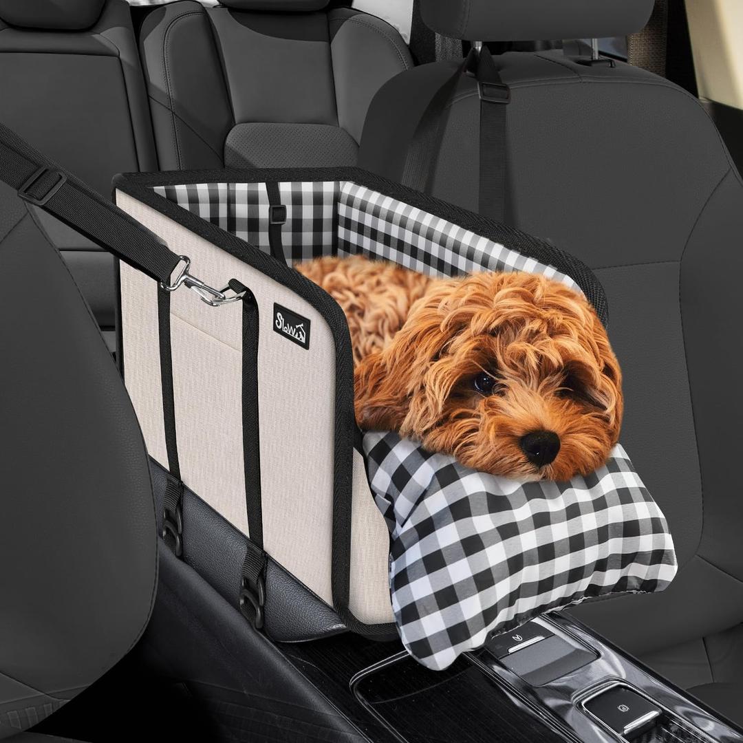 SlowTon Console Dog Car Seat - Portable Dogs Armrest Booster Seat for Small Dog, Anti-Collapse Pet Car Seat with Soft Cushion Safety Belt, Support Pet Up to 11lbs(Beige)