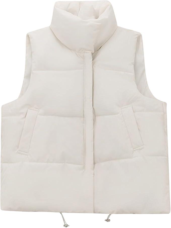 Cropped Puffer Vest Women Zip Up Stand Collar Winter Coats Sleeveless Quilted Padded Gilet Outerwear Short Down Coats  (Beige, M)