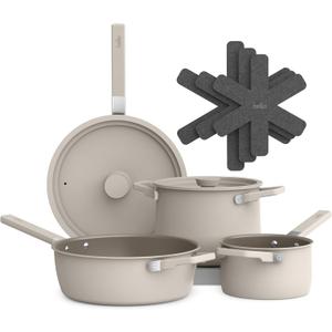 bella 9 Piece Ceramic Nonstick Cookware Set, Fits-anywhere Kitchenware w EverGood Coating, Dishwasher & Oven Safe, All Stovetops Compatible, Stackable Design, Cool Touch Handles, Oatmilk
