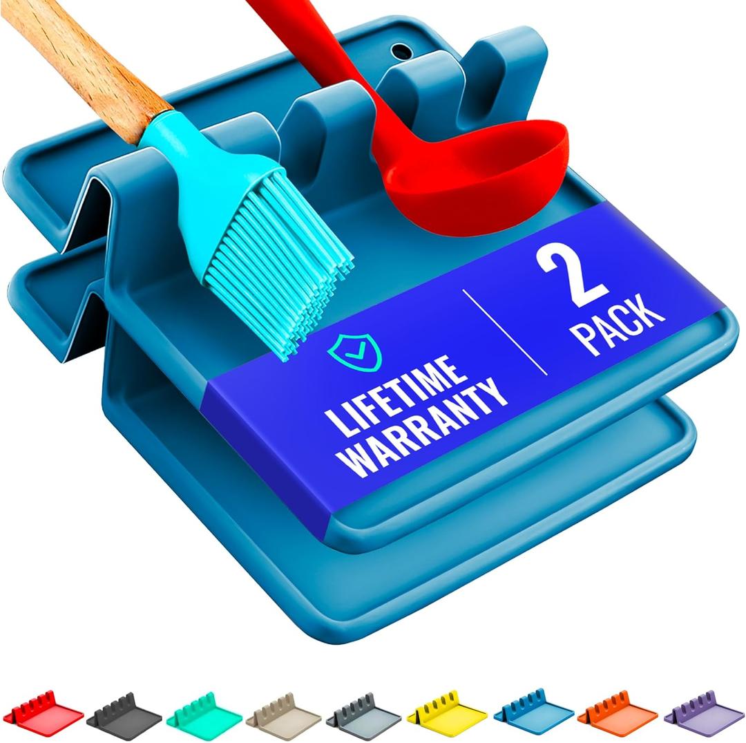 Light Blue Silicone Spoon Rest for Stove Top with Drip Pad (Two Pack) - Heat Resistant BPA Free Utensil Rest & Spoon Holder for Kitchen Counter - Grill Utensil Holder - Spatula Holder, Tongs, Ladle (Medium - 2 Packs)