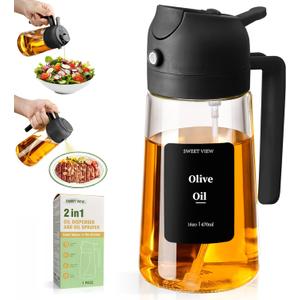 SWEET VIEW Olive Oil Sprayer for Cooking, 16oz/470ml Glass Oil Dispenser/Pour Bottle, Kitchen Accessories, Kitchen Gadgets for Air Fryer, Salad, BBQ, with Stickers (Black)