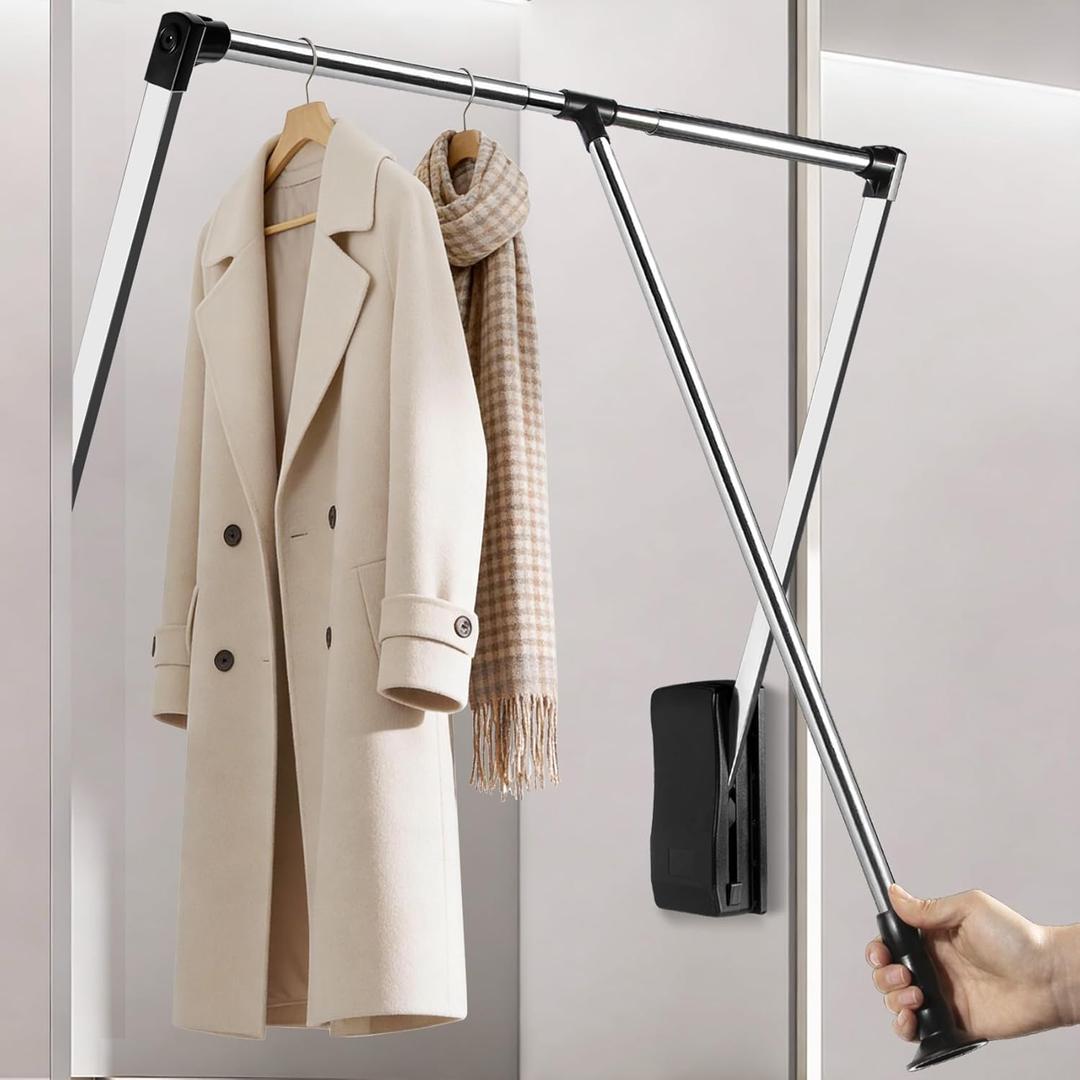 Pull Down Closet Rod 32-45 Inch, 44 lbs Capacity for Hanging Clothes, Polished Metal Wardrobe Lift Rail Organizer with Two-way Buffering, Side-Mounted for Cabinets/Wardrobes