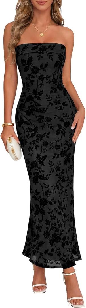 MEROKEETY Women's 2026 Summer Floral Strapless Dress Bodycon Tube Slit Mesh Wedding Guest Cocktail Party Maxi Dresses, Black, Medium