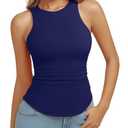 REORIA Womens High Neck Sleeveless Tank Tops Racerback Double Lined Basic Tops Summer Fitted Going Out Tops, Navy Blue Medium