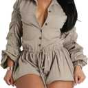 Mandonce Long Sleeve Jumpsuit Shorts Bubble Romper Button Down High Waist Cargo Shorts with Drawstring Casual Cowgirl Outfits (XX-Large, 1-khaki)