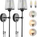 Crystal Wall Sconces Set of 2, Dimmable Wall Sconce with Plug in Cord and Dimmer Matte Black Plug in Wall Lamp Wall Mounted Light with Crystal Shade for Living Room Bedroom Vanity Light Bulbs Included