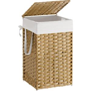 SONGMICS Laundry Hamper with Lid, 17.2 Gallon (65 L) Synthetic Rattan Clothes Laundry Basket with Lid and Handles, Foldable, Removable Liner, Goose Yellow ULCB165N01
