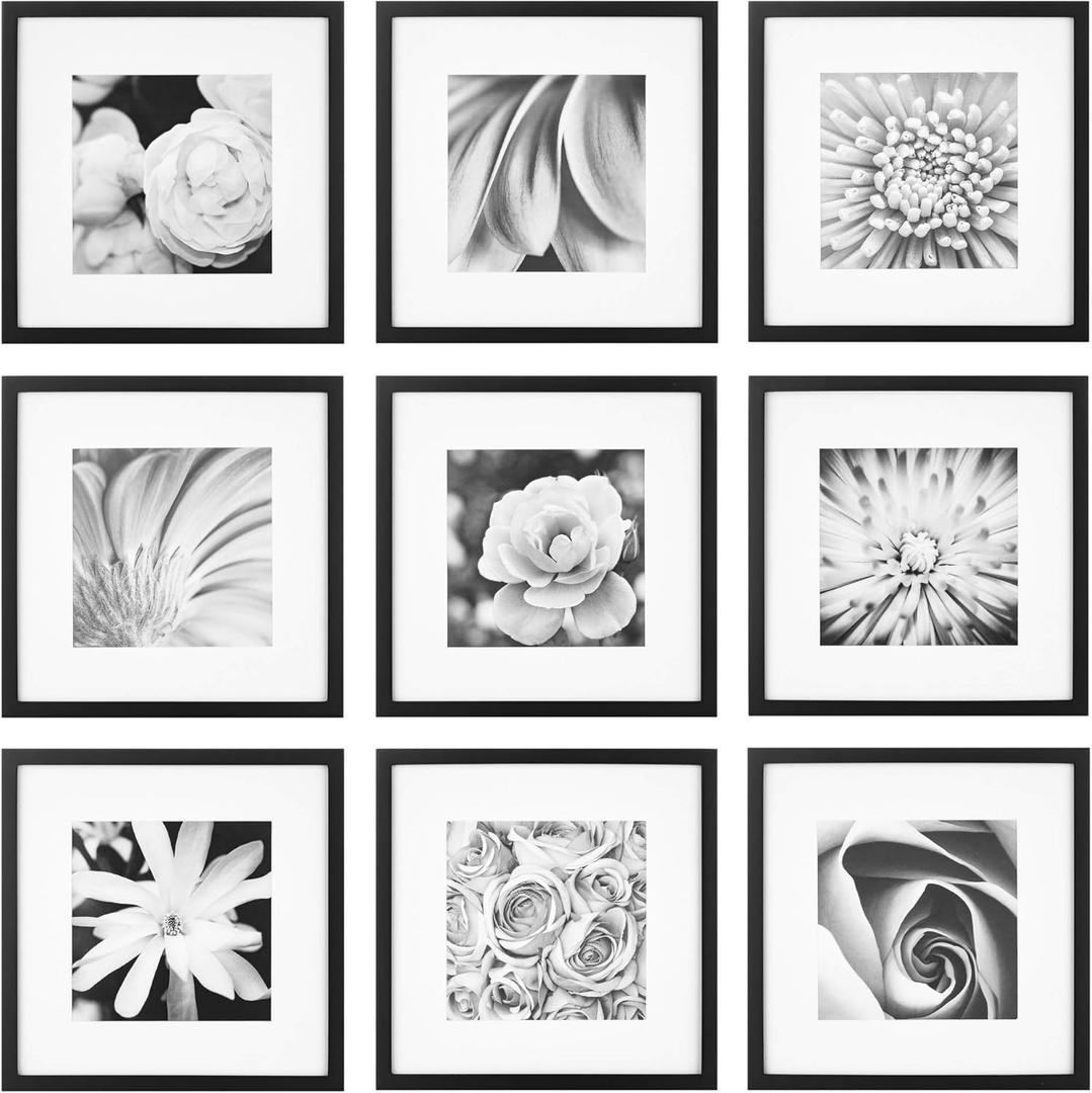Gallery Perfect's 9-Piece - Square Photo Frame - Stunning Display with Frame Wall Gallery Kit - Decorative Art Prints & Hanging Template - Effortless Styling - Square Wall Mount - Black Frame
