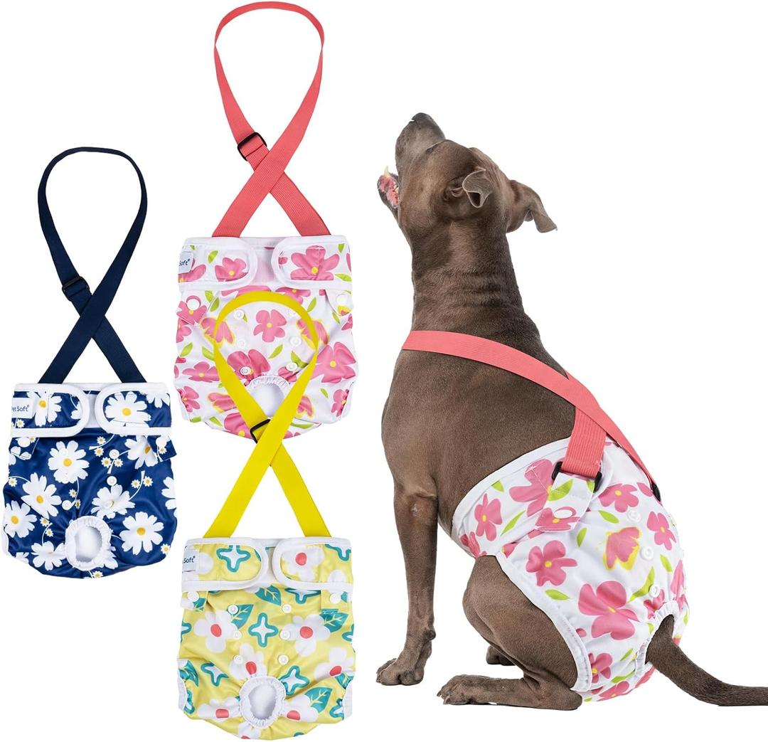 Pet Soft Dog Diapers Female with Suspenders, 3 Pack Reusable Female Dog Diapers for Heat, Dog Period Panties for Doggie in Cycle (Large, Flowers)