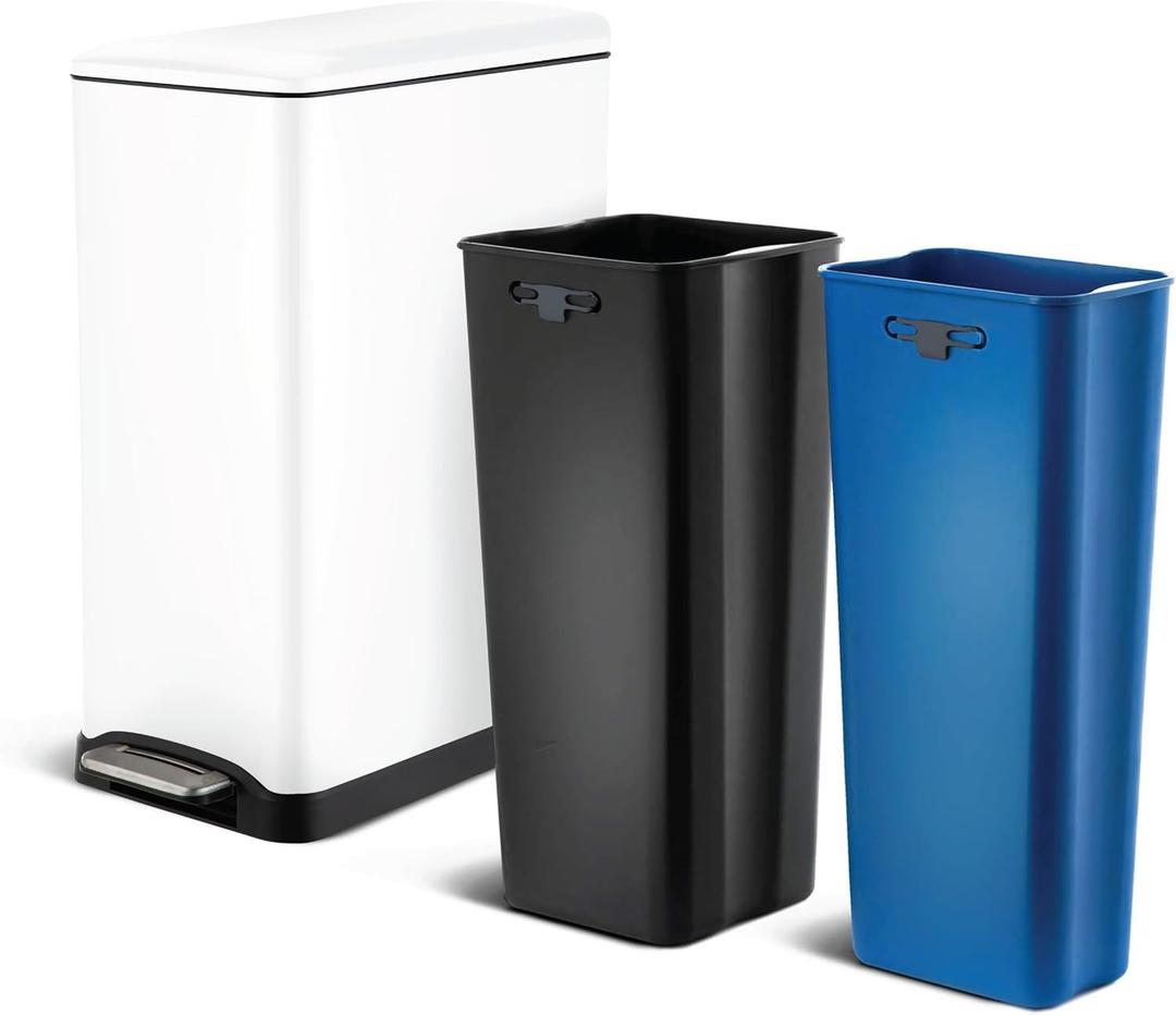 Home Zone Living 13 Gallon Slim Kitchen Trash Can with Dual Compartments for Recycling, Stainless Steel, White, 50 Liters Total