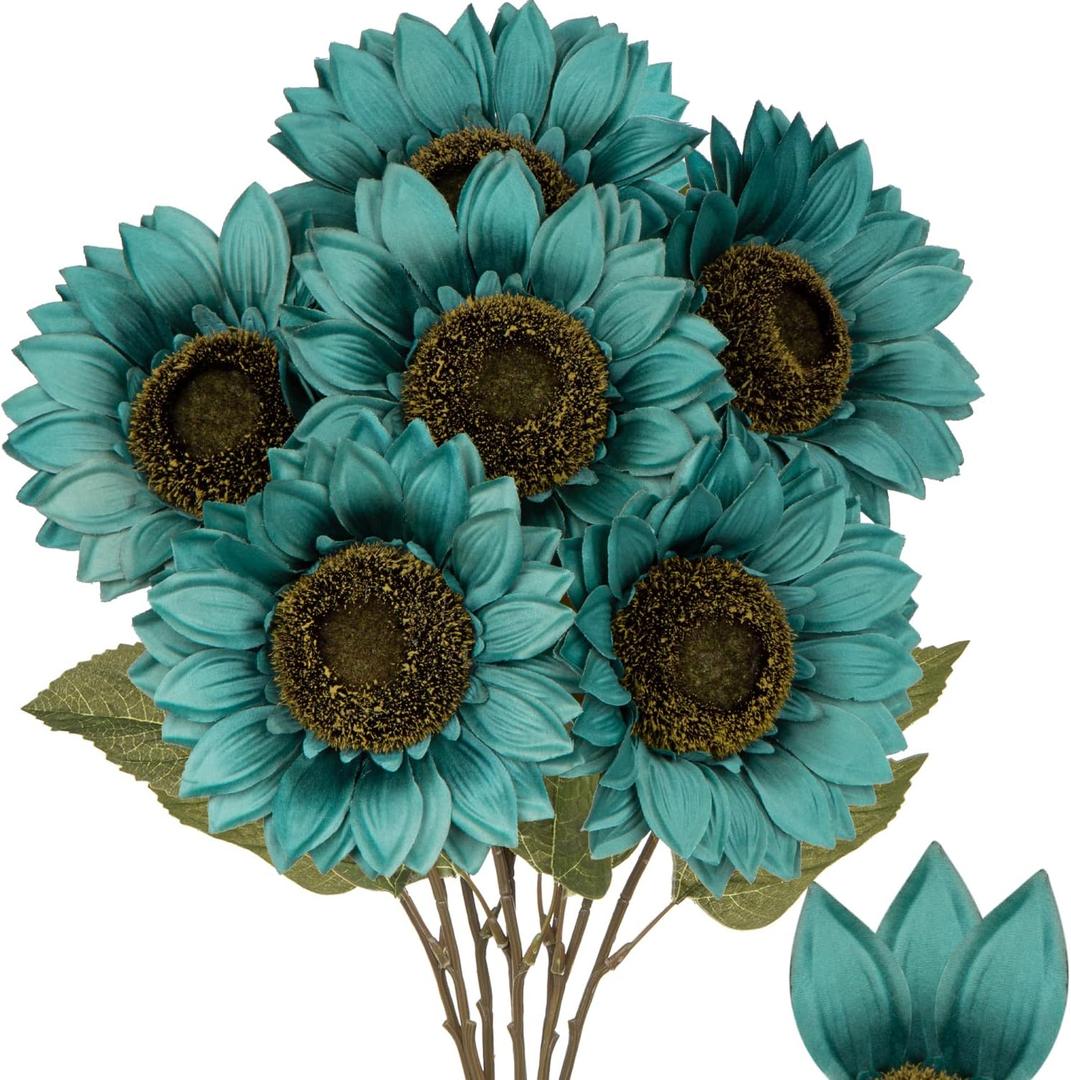 Large Silk Sunflowers Artificial Flowers 26" Long Stem Artificial Sunflower 6PCS Faux Vintage Fall Sunflowers Bouquet Bulk for Home Wedding Birthday Party Centerpieces Decorations (Peacock Blue)