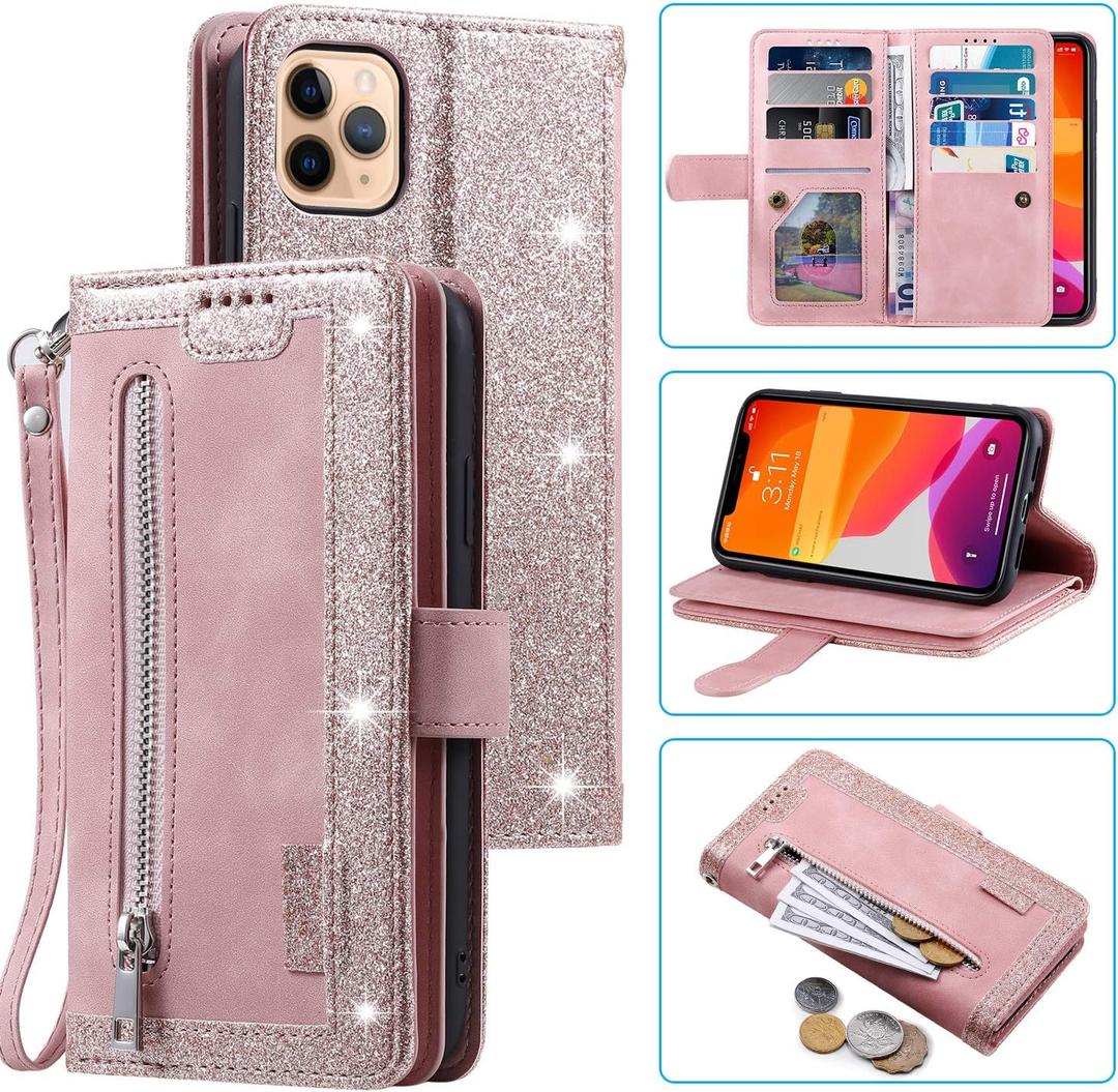 EYZUTAK Wallet Case for iPhone 13 Pro 6.1 inch, Retro Matte 9 Card Holder Slots Zipper Pocket Case PU Leather Magnetic Closure Kickstand with Wrist Strap Folio Flip Case - Rose Gold