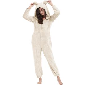 COZYPOIN Womens Fleece Onesies Pajamas Fuzzy Sherpa Adult Hooded One Piece Onesie Winter Romper Flannel Loungewear Sleepwear (L, Beige)