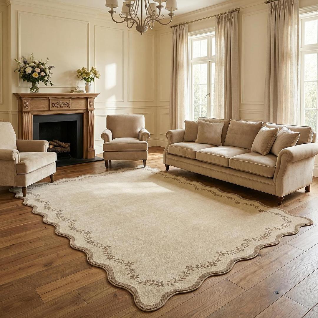 GarveeHome 5x7 Scalloped Area Rug Tan Jute Washable Rugs for Living Room Bedroom, Soft Low Pile Non Slip Accent Floor Mat Solid Floral Print Throw Rug Farmhouse Indoor Carpet for Dorm Playroom