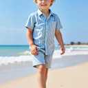 Boys Casual Hawaiian Shirts 2 Piece, Blue Button Down Shirt and Shorts Summer Beach Striped Clothes for kids (7 Years)