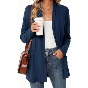 Women's Long Sleeve Lightweight Cardigan Sweaters with Pockets Casual Loose Fit Open Front Jacket Coat (Blue, L)
