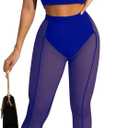Women See Through Sheer Pencil Long Pants Mesh Sport Leggings High Waist Casual Sweatpants Tights Clubwear (Blue, L)