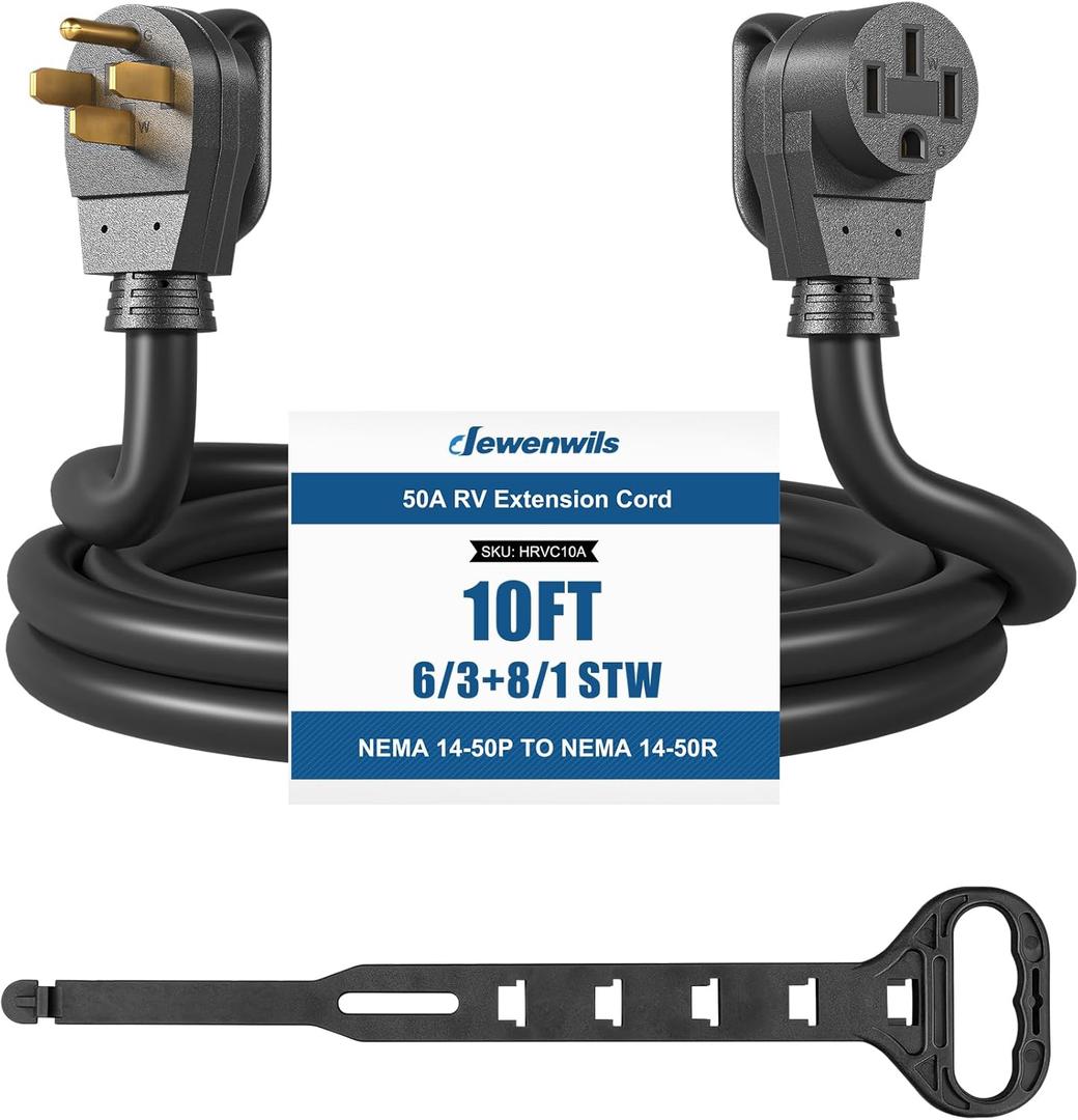 DEWENWILS EV RV Extension Cord 50 Amp, 10 Feet, NEMA 14-50P to 14-50R 6/3+8/1 Copper Wire, 12500W Heavy Duty EV Power Cord, STW Outdoor Waterproof Power Cable, for RV, EV, Camper, ETL Listed (Black)