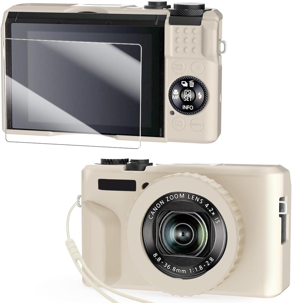 2 x Silicone Case for Powershot G7X Mark II Digital Camera with with Removable Lens Cover and Screen Protector and a Lanyard for Powershot G7X Mark II Accessories -(Rice White)