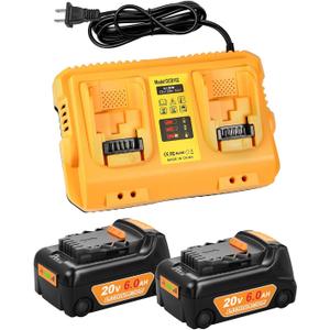 2-Pack 6.0Ah Battery Replacement for Dewalt 20v Battery with DCB102 Battery Charger Station (Yellow)