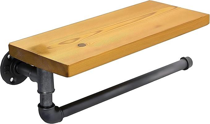 Industrial Vintage Paper Towel Holder Gordon with 13"x6" Shelf Spice Rack TPD-004, Steampunk Loft Style Wall Mount Kitchen Laundary Room Organizer, Wood Metal Water Pipe