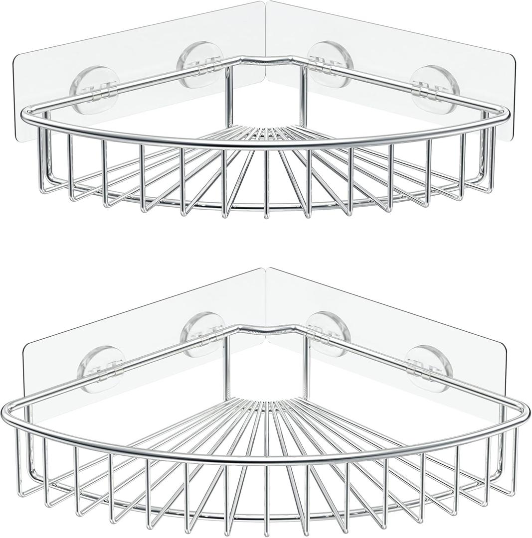 SMARTAKE 2-Pack Corner Shower Caddy, SUS304 Stainless Steel, Wall Mounted Bathroom Shelf with Adhesive, Storage Organizer for Toilet, Dorm and Kitchen (Silver)