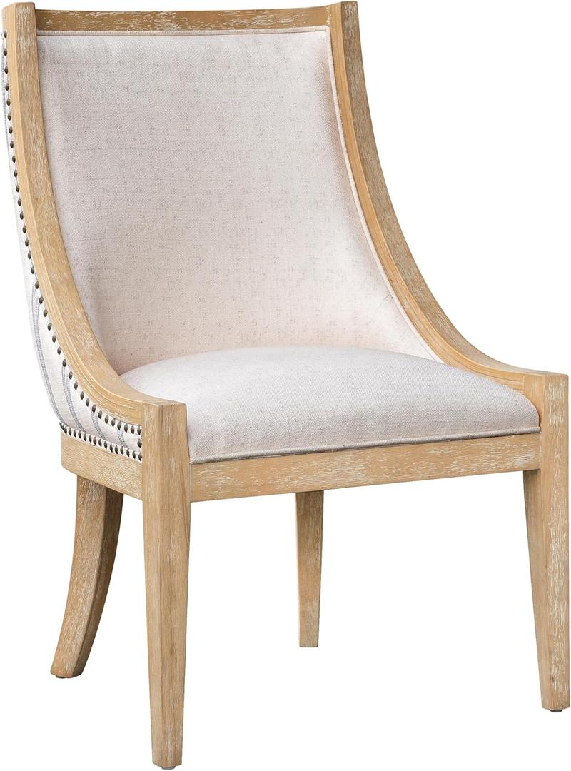 Martha Stewart Farmhouse Dining Chair, Recessed Armchair for Bedrooms, Nailhead Trim, Solid Wood Legs, Upholstered Reading Accent Chairs for Living Room, Kitchen Side Chair, Elmcrest Beige Stripe