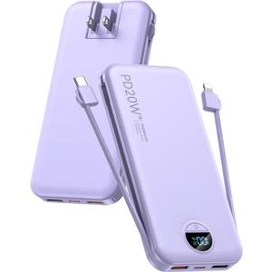 Portable Charger, 10000mAh PD20W USB C Fast Charging Power Bank with Built-in Cables and AC Wall Plug, Smart LED Display Travel Essentials Battery Pack Compatible with iPhone, iPad, Samsung etc Purple