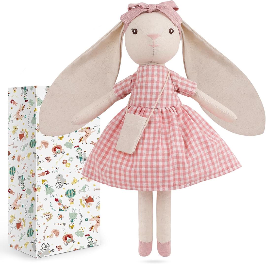 15" Bunny Stuffed Animal for Girls, Plush Toy Doll -Wearing Pink Plaid Dress,Cute Doll Set Dress Up for 3 4 5 Year Old Girl - Gift for Little Girl, Birthday, Easter,Christmas