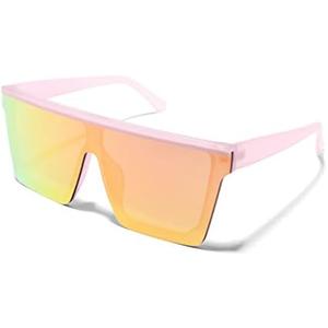 ShadyVEU Flat Top Shield Oversized Rimless Rainbow Mirrored Lens Sunglasses UV400 Protection Lightweight Wrap Around Shades (Pink Frost Frame/Rose Gold Lens)