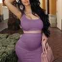 GOBLES Women's Sexy Summer Outfits Bodycon Tank Top Midi Skirt 2 Piece Dress (Purple, L)