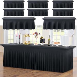 CO-AVE 6pk Black 8ft Spandex Tablecloths for Rectangle Tables, Wrinkle Free Wavy Black Table Skirt Stretchy Fitted Table Cloth Covers 8 Foot for Weddings Birthday Party Events Banquette Baby Shower