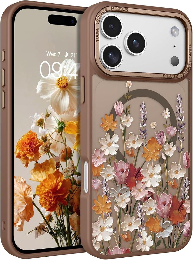 DOMAVER for iPhone 17 Pro Max Case, Magnetic Phone Case for iPhone 17 Pro Max [Compatible with MagSafe] Slim Fit Flowers Floral Design Shockproof Protective Bumper Women Girls Cover, Spring-Brown