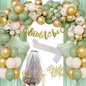 Bachelorette Party Decorations, Bride To Be Decorations Olive Green Gold Beige Balloons with Bride To Be Sash, Banner, Cake Toppers, White Veil, Heart Foil Balloons Green Fringe Curtain Backdrop