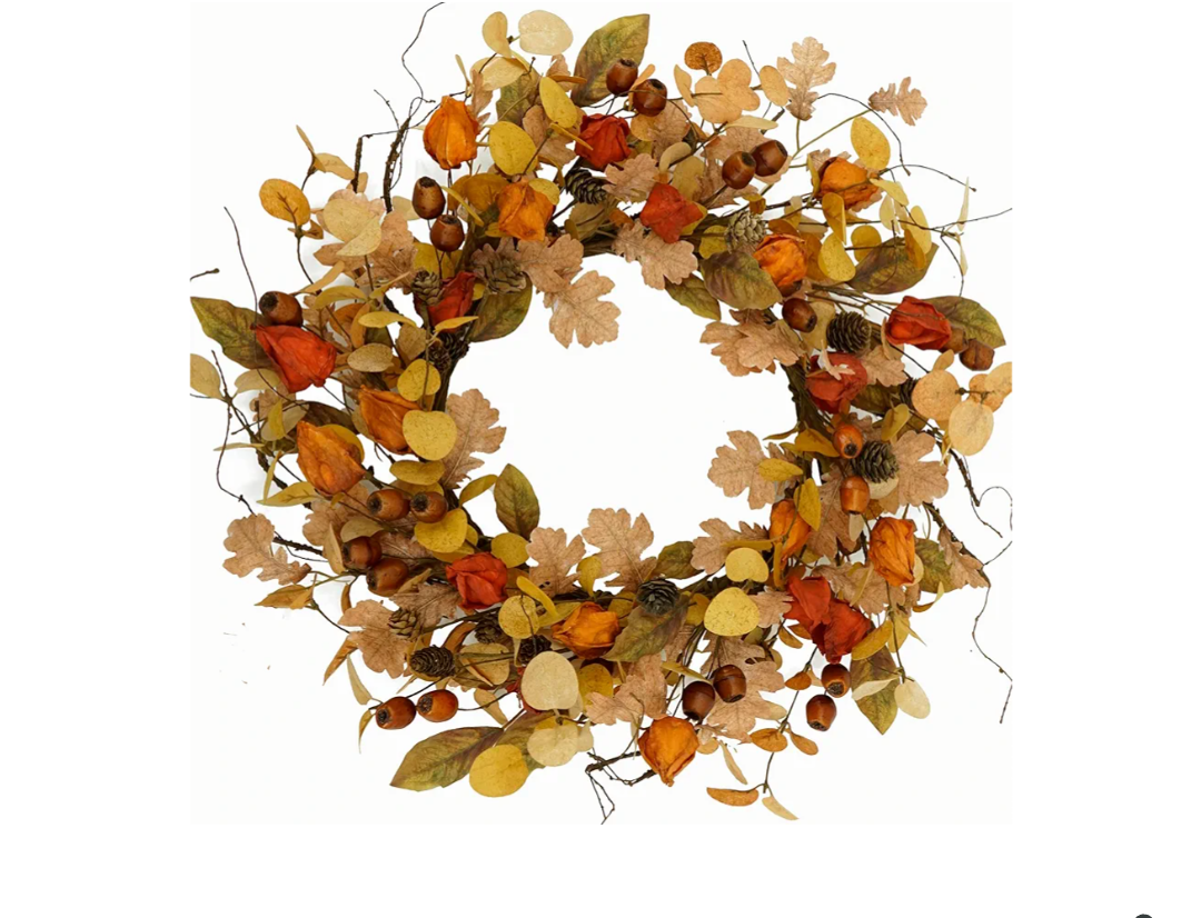 Artificial Fall Wreath for Front Door Autumn Wreath with Golden Eucalyptus Leaves,Oak Leaves for Indoor Outdoor Farmhouse Home Wall Window Festival Wedding Decor