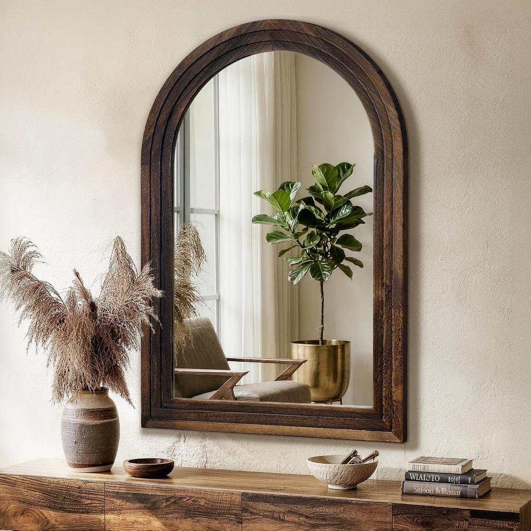 TRAHOME Arched Bathroom Mirror, 36"x24" Brown Wood Frame Wall Mirror, Farmhouse Vintage Vanity Mirror with Layered Frame for Entryway, Living Room, Bedroom